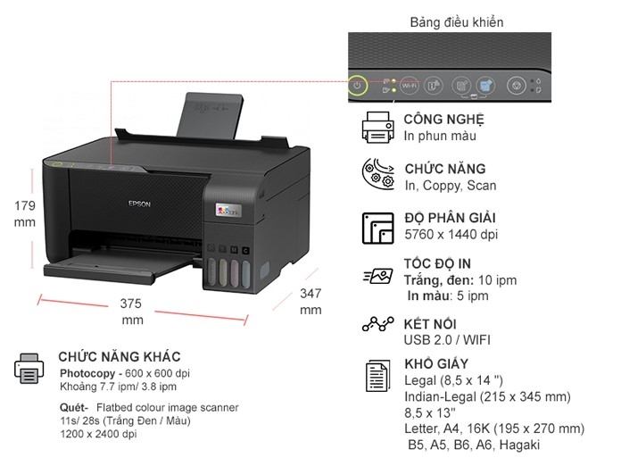 Máy in phun màu đa năng hiệu Epson L3250 khổ A4 In, quét, sao chép
